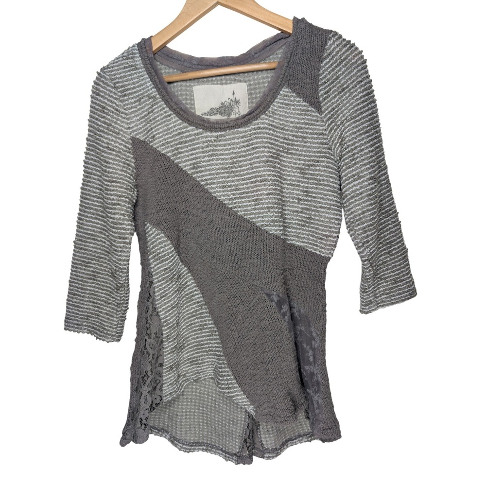 Anthropologie Angel of the North Sz L Grey Mixed Media Lace Sweater Patchwork